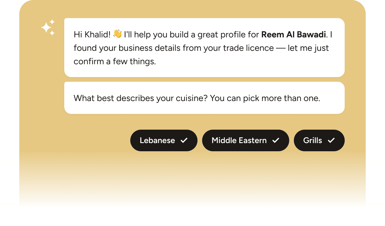 The Spotvio AI assistant asking a merchant to confirm their cuisine types while building their profile